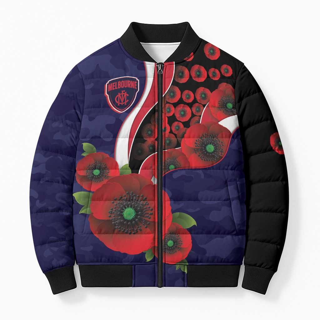 Melbourne Demons ANZAC Personalised Bomber Puffer Jacket Lest We Forget Poppy Camo