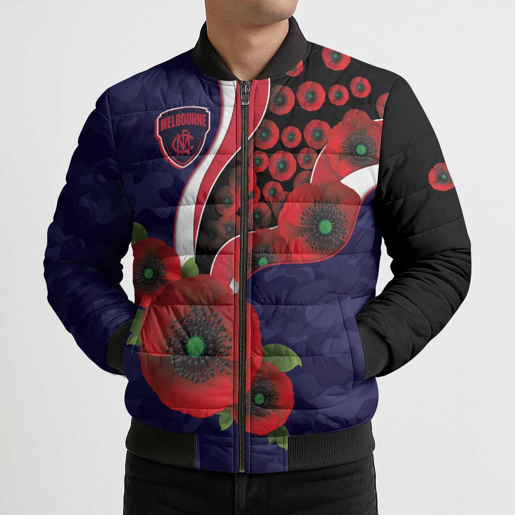 Melbourne Demons ANZAC Personalised Bomber Puffer Jacket Lest We Forget Poppy Camo