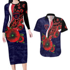 Melbourne Demons ANZAC Personalised Couples Matching Long Sleeve Bodycon Dress and Hawaiian Shirt Lest We Forget Poppy Camo