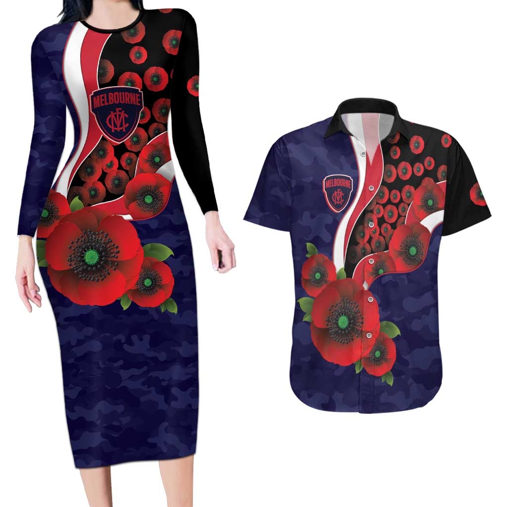 Melbourne Demons ANZAC Personalised Couples Matching Long Sleeve Bodycon Dress and Hawaiian Shirt Lest We Forget Poppy Camo