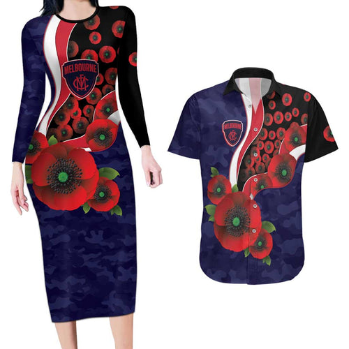 Melbourne Demons ANZAC Personalised Couples Matching Long Sleeve Bodycon Dress and Hawaiian Shirt Lest We Forget Poppy Camo