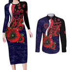 Melbourne Demons ANZAC Personalised Couples Matching Long Sleeve Bodycon Dress and Long Sleeve Button Shirt Lest We Forget Poppy Camo