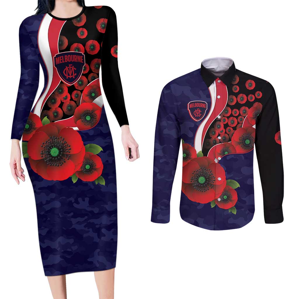 Melbourne Demons ANZAC Personalised Couples Matching Long Sleeve Bodycon Dress and Long Sleeve Button Shirt Lest We Forget Poppy Camo