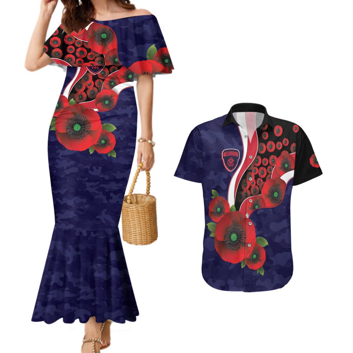 Melbourne Demons ANZAC Personalised Couples Matching Mermaid Dress and Hawaiian Shirt Lest We Forget Poppy Camo