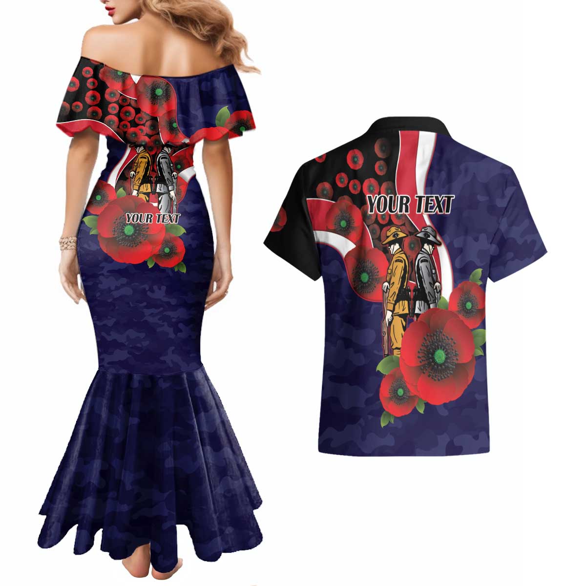 Melbourne Demons ANZAC Personalised Couples Matching Mermaid Dress and Hawaiian Shirt Lest We Forget Poppy Camo