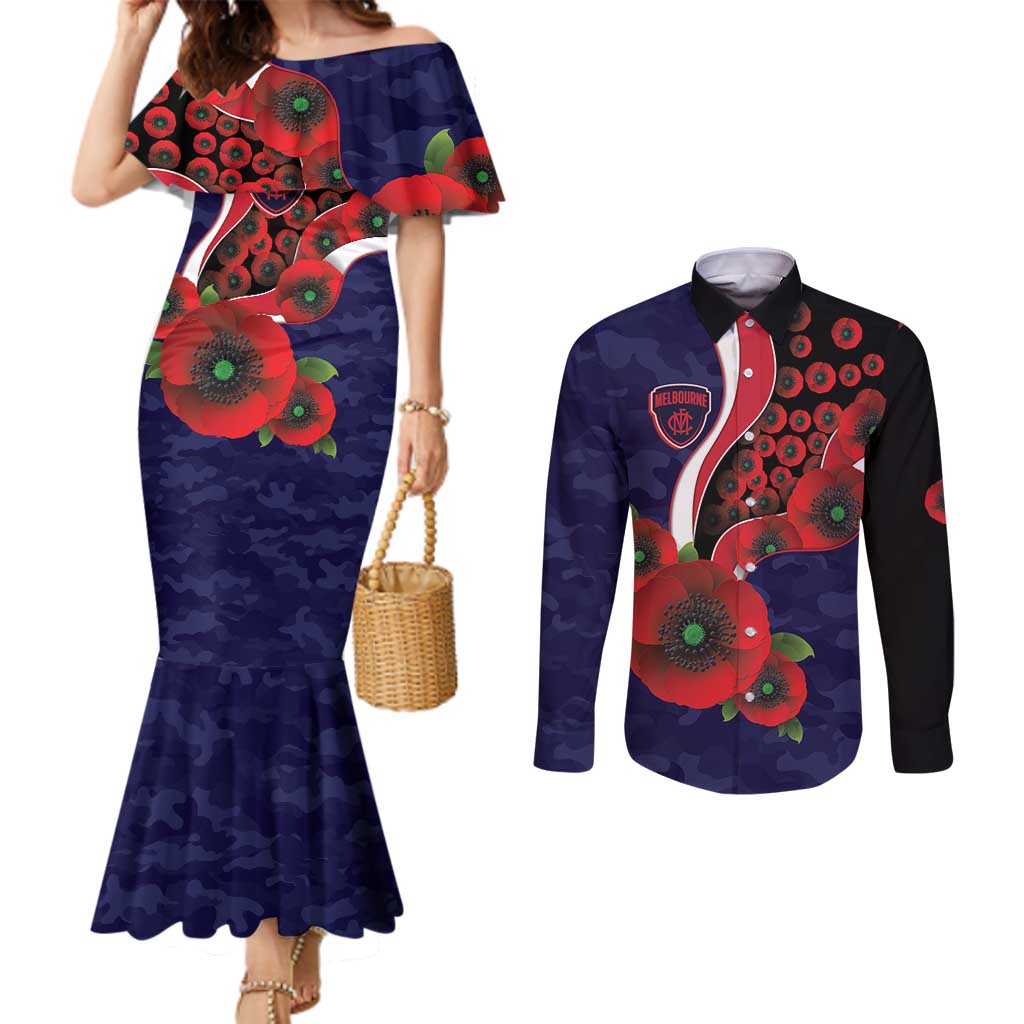 Melbourne Demons ANZAC Personalised Couples Matching Mermaid Dress and Long Sleeve Button Shirt Lest We Forget Poppy Camo