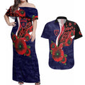 Melbourne Demons ANZAC Personalised Couples Matching Off Shoulder Maxi Dress and Hawaiian Shirt Lest We Forget Poppy Camo