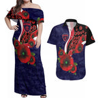 Melbourne Demons ANZAC Personalised Couples Matching Off Shoulder Maxi Dress and Hawaiian Shirt Lest We Forget Poppy Camo