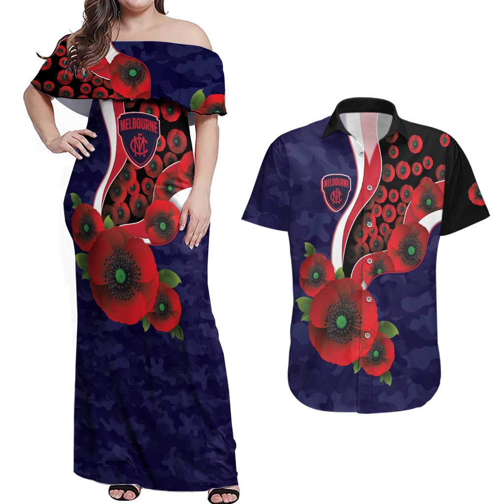Melbourne Demons ANZAC Personalised Couples Matching Off Shoulder Maxi Dress and Hawaiian Shirt Lest We Forget Poppy Camo