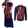 Melbourne Demons ANZAC Personalised Couples Matching Off Shoulder Maxi Dress and Long Sleeve Button Shirt Lest We Forget Poppy Camo