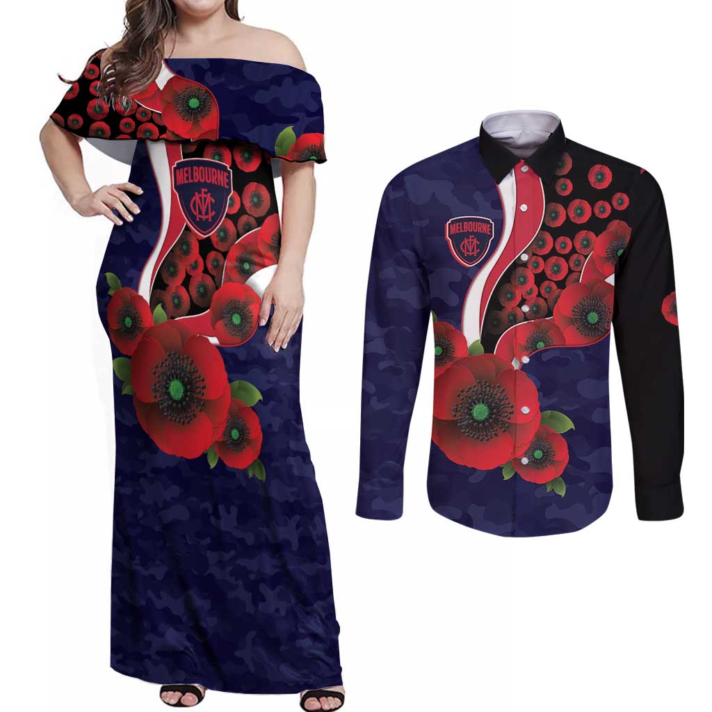 Melbourne Demons ANZAC Personalised Couples Matching Off Shoulder Maxi Dress and Long Sleeve Button Shirt Lest We Forget Poppy Camo