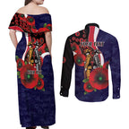 Melbourne Demons ANZAC Personalised Couples Matching Off Shoulder Maxi Dress and Long Sleeve Button Shirt Lest We Forget Poppy Camo
