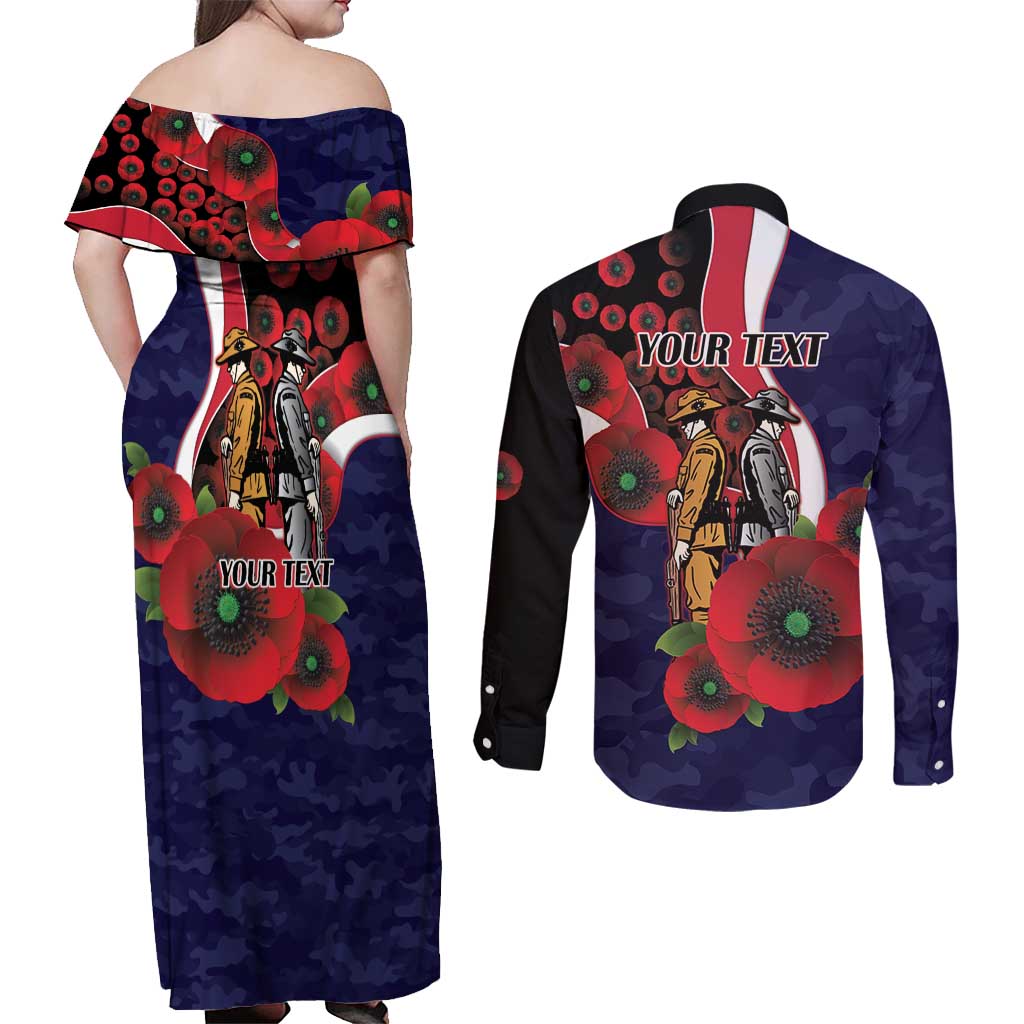 Melbourne Demons ANZAC Personalised Couples Matching Off Shoulder Maxi Dress and Long Sleeve Button Shirt Lest We Forget Poppy Camo