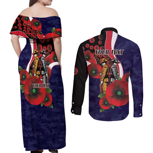 Melbourne Demons ANZAC Personalised Couples Matching Off Shoulder Maxi Dress and Long Sleeve Button Shirt Lest We Forget Poppy Camo