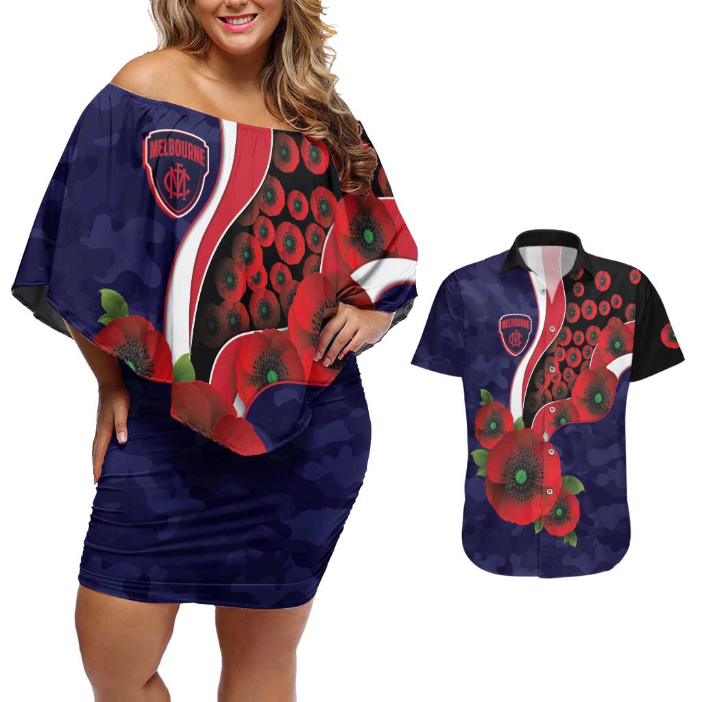 Melbourne Demons ANZAC Personalised Couples Matching Off Shoulder Short Dress and Hawaiian Shirt Lest We Forget Poppy Camo