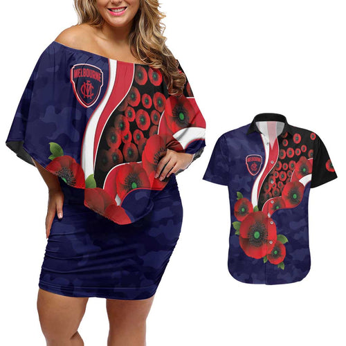 Melbourne Demons ANZAC Personalised Couples Matching Off Shoulder Short Dress and Hawaiian Shirt Lest We Forget Poppy Camo
