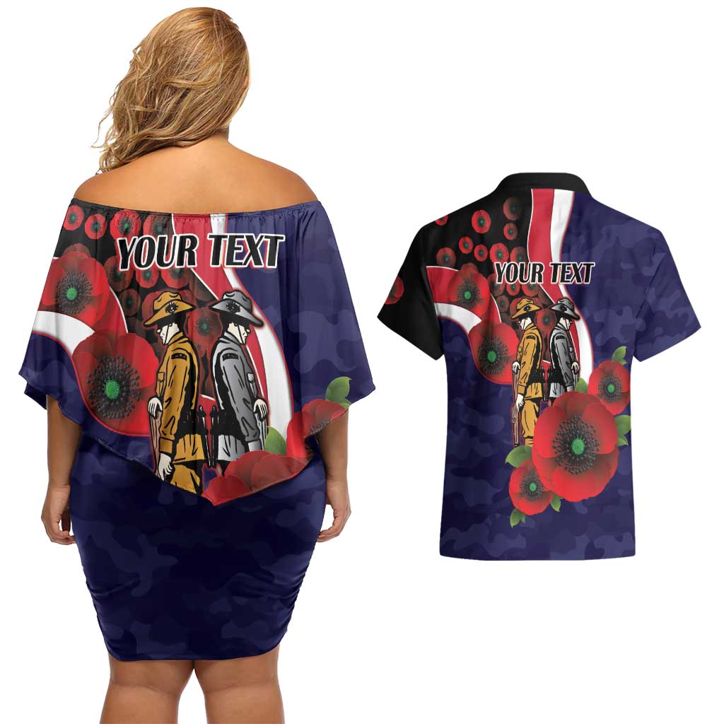 Melbourne Demons ANZAC Personalised Couples Matching Off Shoulder Short Dress and Hawaiian Shirt Lest We Forget Poppy Camo