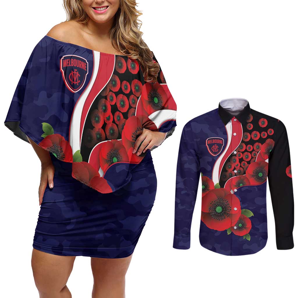 Melbourne Demons ANZAC Personalised Couples Matching Off Shoulder Short Dress and Long Sleeve Button Shirt Lest We Forget Poppy Camo