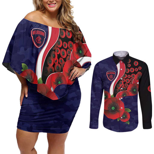 Melbourne Demons ANZAC Personalised Couples Matching Off Shoulder Short Dress and Long Sleeve Button Shirt Lest We Forget Poppy Camo