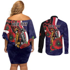 Melbourne Demons ANZAC Personalised Couples Matching Off Shoulder Short Dress and Long Sleeve Button Shirt Lest We Forget Poppy Camo