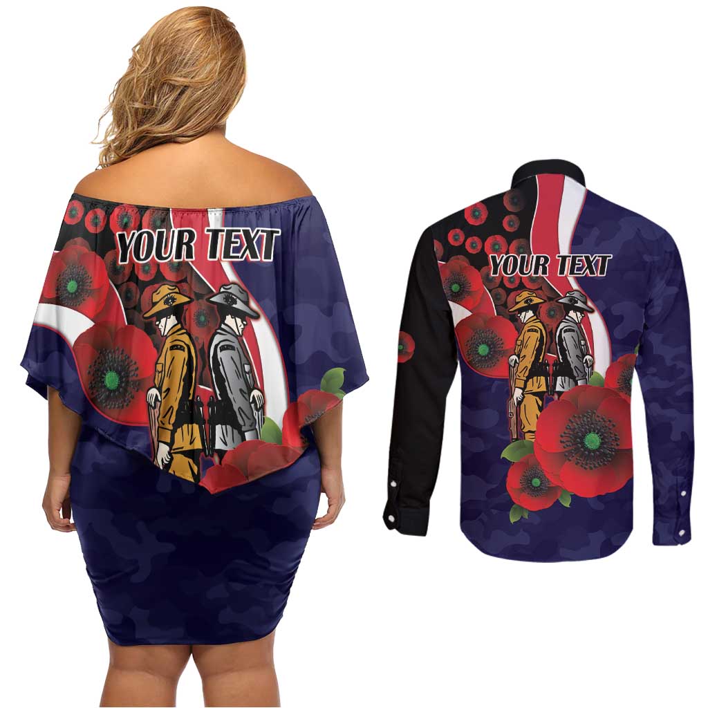 Melbourne Demons ANZAC Personalised Couples Matching Off Shoulder Short Dress and Long Sleeve Button Shirt Lest We Forget Poppy Camo