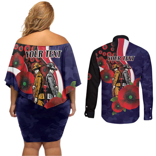 Melbourne Demons ANZAC Personalised Couples Matching Off Shoulder Short Dress and Long Sleeve Button Shirt Lest We Forget Poppy Camo
