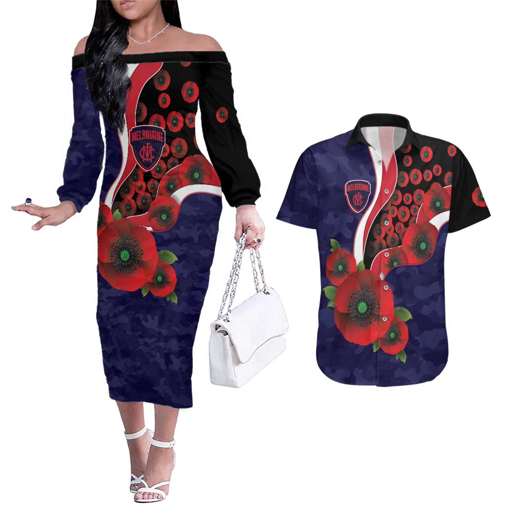 Melbourne Demons ANZAC Personalised Couples Matching Off The Shoulder Long Sleeve Dress and Hawaiian Shirt Lest We Forget Poppy Camo