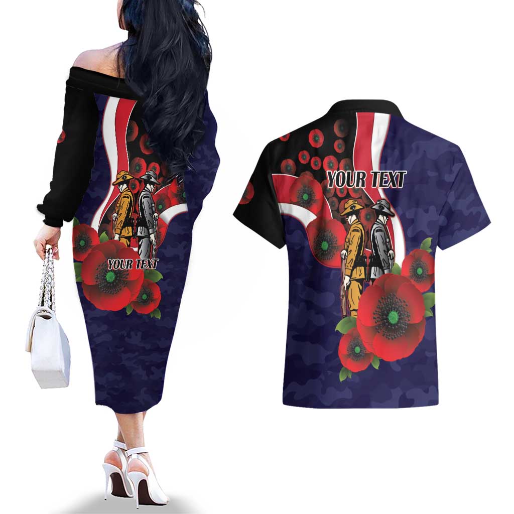 Melbourne Demons ANZAC Personalised Couples Matching Off The Shoulder Long Sleeve Dress and Hawaiian Shirt Lest We Forget Poppy Camo