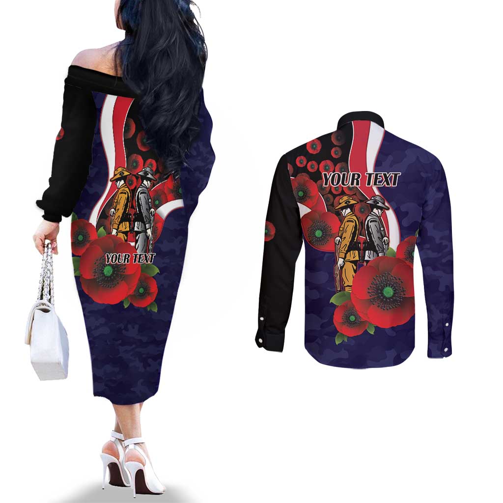 Melbourne Demons ANZAC Personalised Couples Matching Off The Shoulder Long Sleeve Dress and Long Sleeve Button Shirt Lest We Forget Poppy Camo