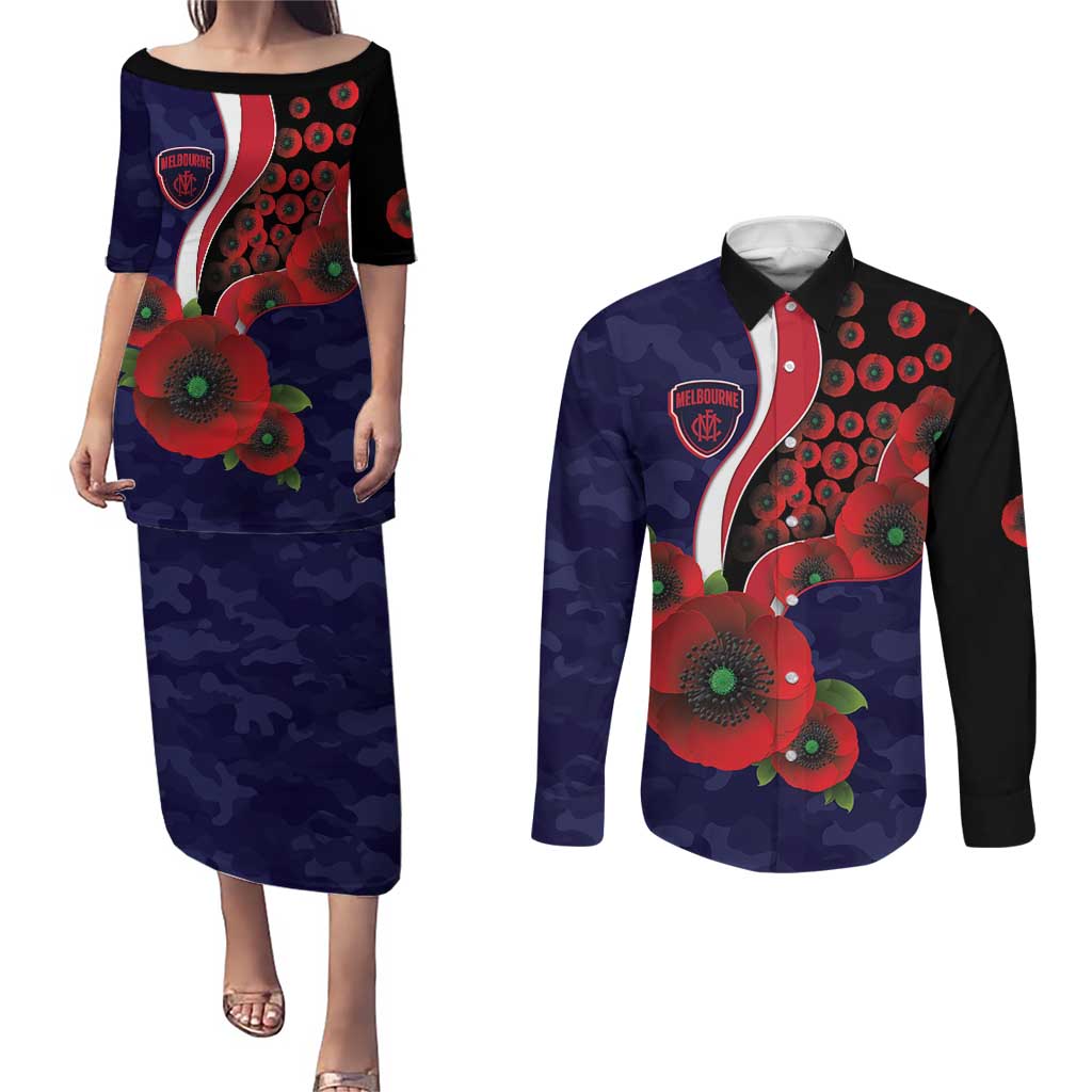 Melbourne Demons ANZAC Personalised Couples Matching Puletasi and Long Sleeve Button Shirt Lest We Forget Poppy Camo
