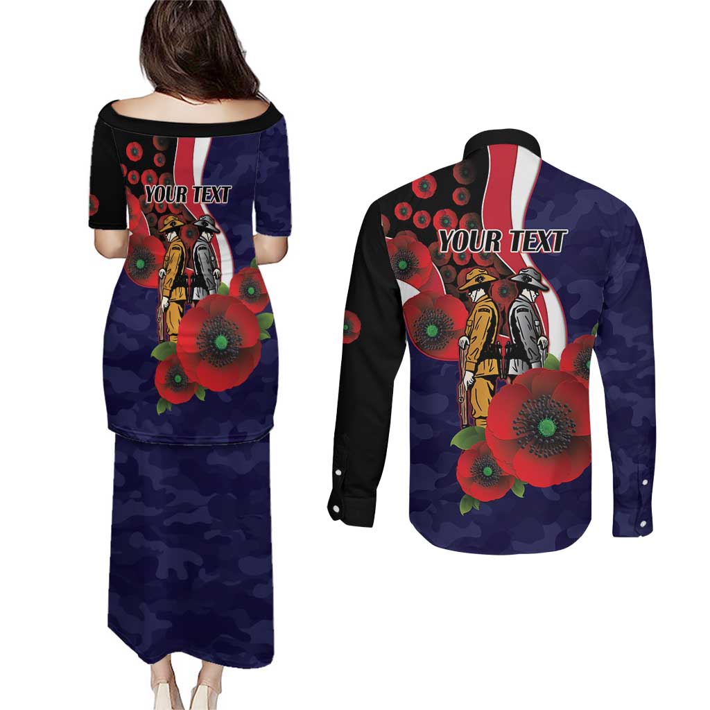 Melbourne Demons ANZAC Personalised Couples Matching Puletasi and Long Sleeve Button Shirt Lest We Forget Poppy Camo