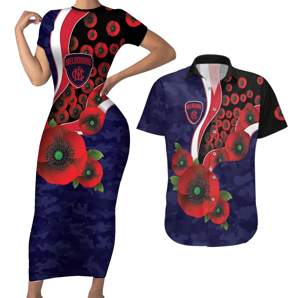 Melbourne Demons ANZAC Personalised Couples Matching Short Sleeve Bodycon Dress and Hawaiian Shirt Lest We Forget Poppy Camo