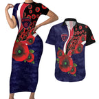 Melbourne Demons ANZAC Personalised Couples Matching Short Sleeve Bodycon Dress and Hawaiian Shirt Lest We Forget Poppy Camo