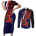 Melbourne Demons ANZAC Personalised Couples Matching Short Sleeve Bodycon Dress and Long Sleeve Button Shirt Lest We Forget Poppy Camo