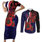 Melbourne Demons ANZAC Personalised Couples Matching Short Sleeve Bodycon Dress and Long Sleeve Button Shirt Lest We Forget Poppy Camo