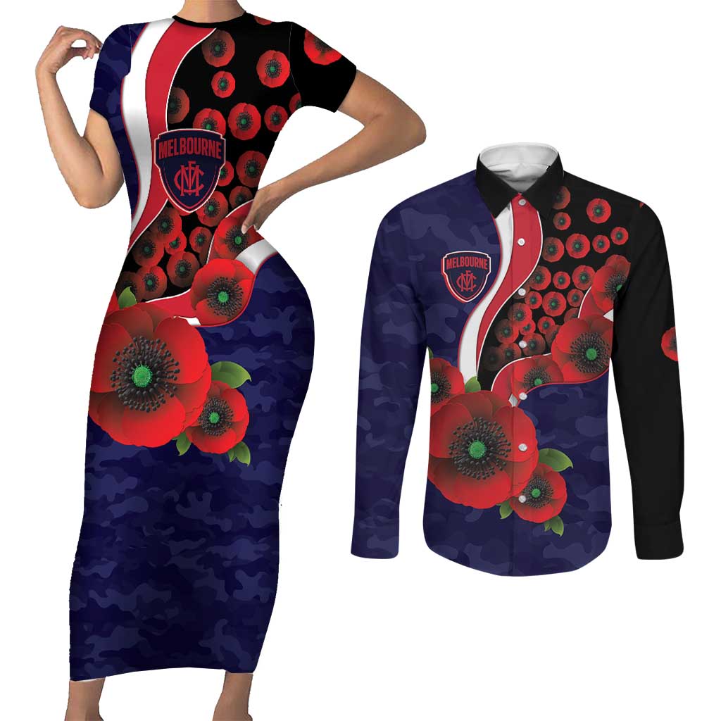 Melbourne Demons ANZAC Personalised Couples Matching Short Sleeve Bodycon Dress and Long Sleeve Button Shirt Lest We Forget Poppy Camo