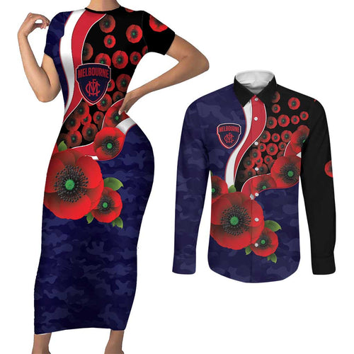 Melbourne Demons ANZAC Personalised Couples Matching Short Sleeve Bodycon Dress and Long Sleeve Button Shirt Lest We Forget Poppy Camo