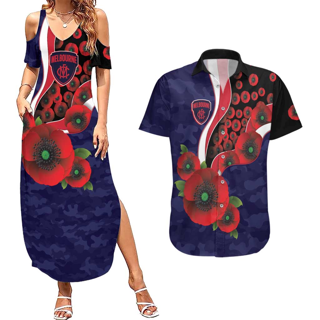 Melbourne Demons ANZAC Personalised Couples Matching Summer Maxi Dress and Hawaiian Shirt Lest We Forget Poppy Camo
