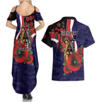 Melbourne Demons ANZAC Personalised Couples Matching Summer Maxi Dress and Hawaiian Shirt Lest We Forget Poppy Camo