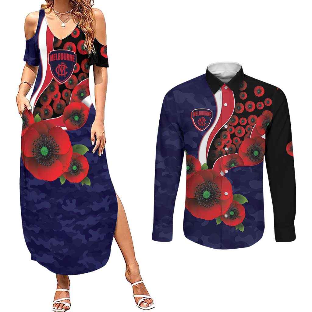 Melbourne Demons ANZAC Personalised Couples Matching Summer Maxi Dress and Long Sleeve Button Shirt Lest We Forget Poppy Camo