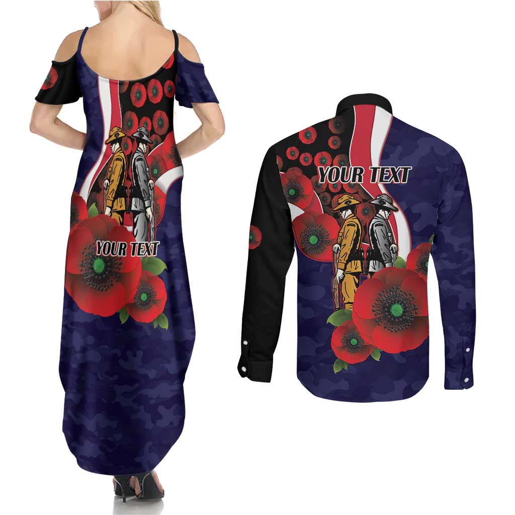 Melbourne Demons ANZAC Personalised Couples Matching Summer Maxi Dress and Long Sleeve Button Shirt Lest We Forget Poppy Camo