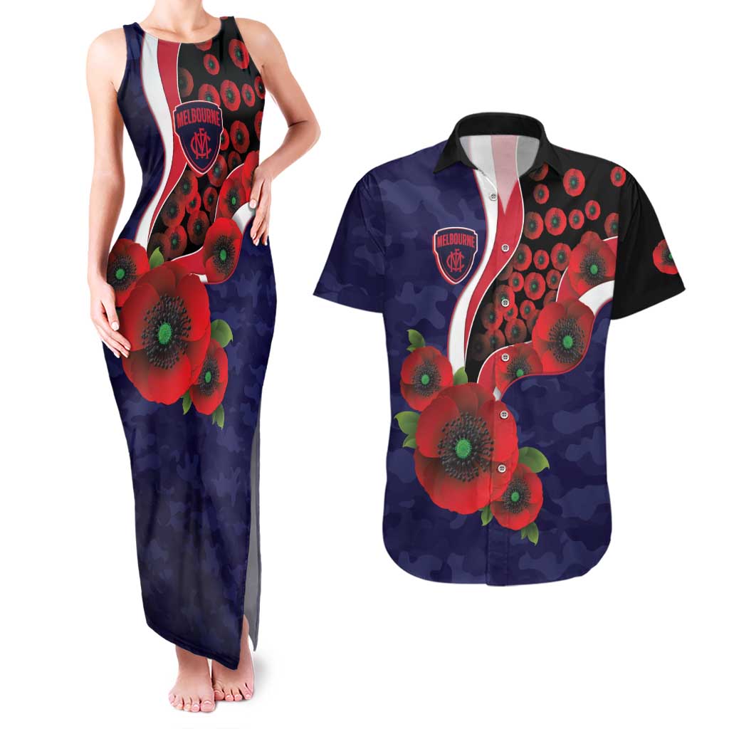 Melbourne Demons ANZAC Personalised Couples Matching Tank Maxi Dress and Hawaiian Shirt Lest We Forget Poppy Camo