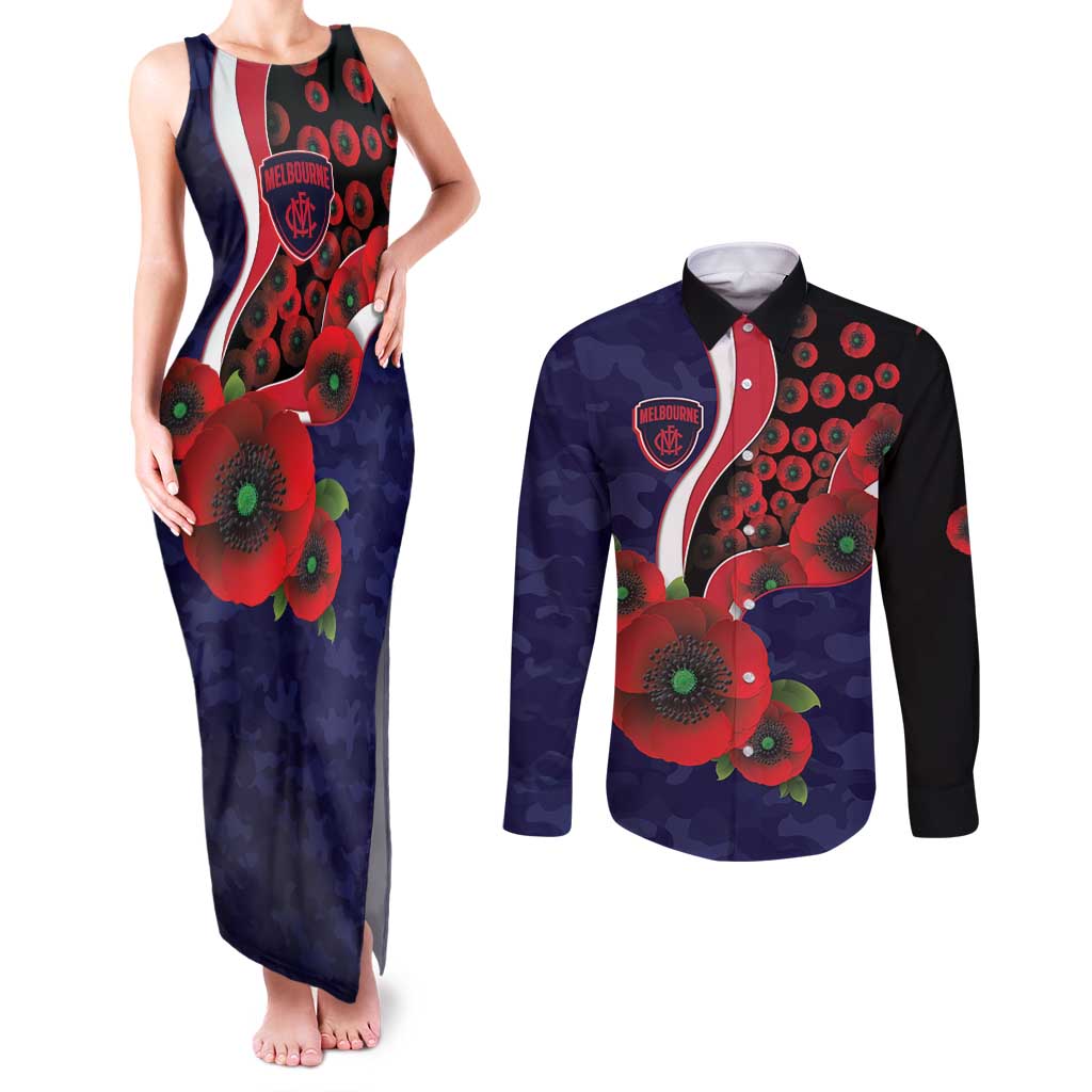 Melbourne Demons ANZAC Personalised Couples Matching Tank Maxi Dress and Long Sleeve Button Shirt Lest We Forget Poppy Camo