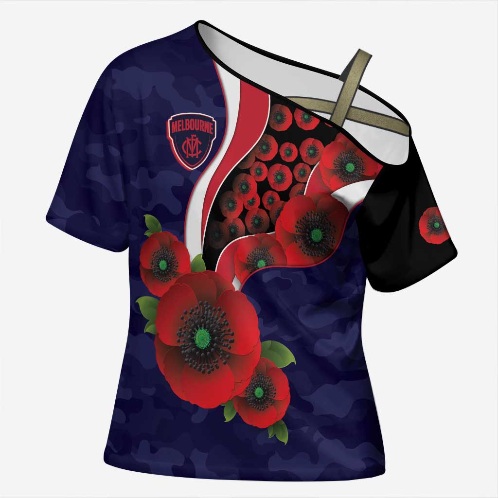 Melbourne Demons ANZAC Personalised Cross Shoulder Shirt Lest We Forget Poppy Camo
