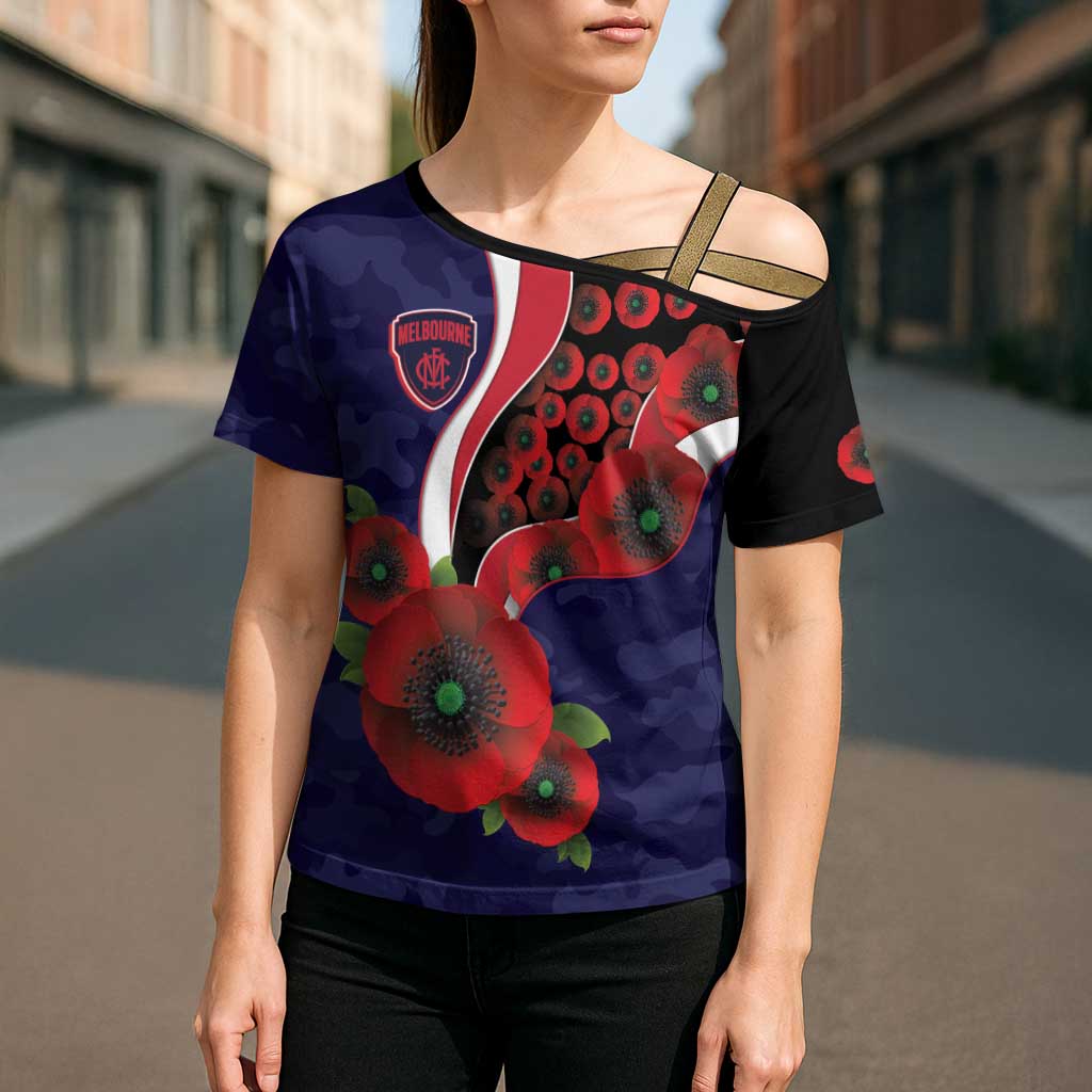 Melbourne Demons ANZAC Personalised Cross Shoulder Shirt Lest We Forget Poppy Camo