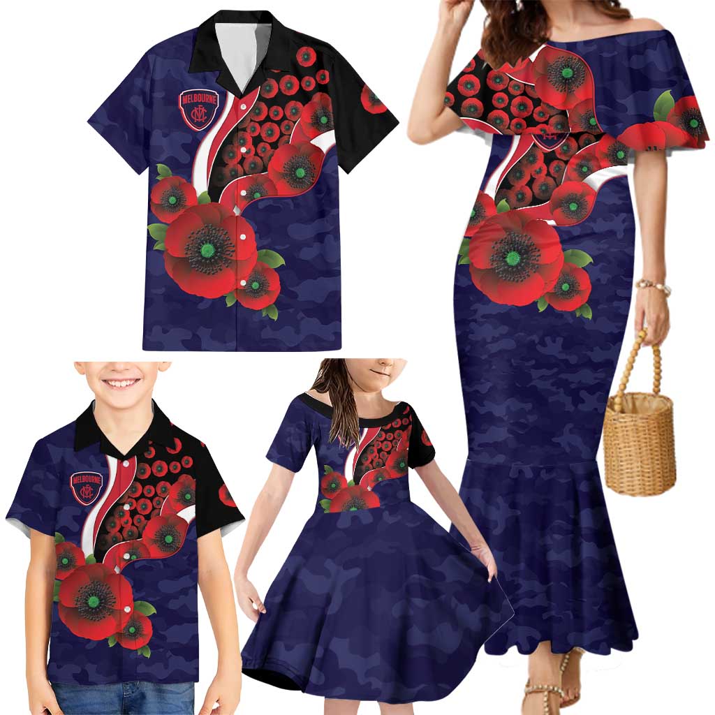 Melbourne Demons ANZAC Personalised Family Matching Mermaid Dress and Hawaiian Shirt Lest We Forget Poppy Camo