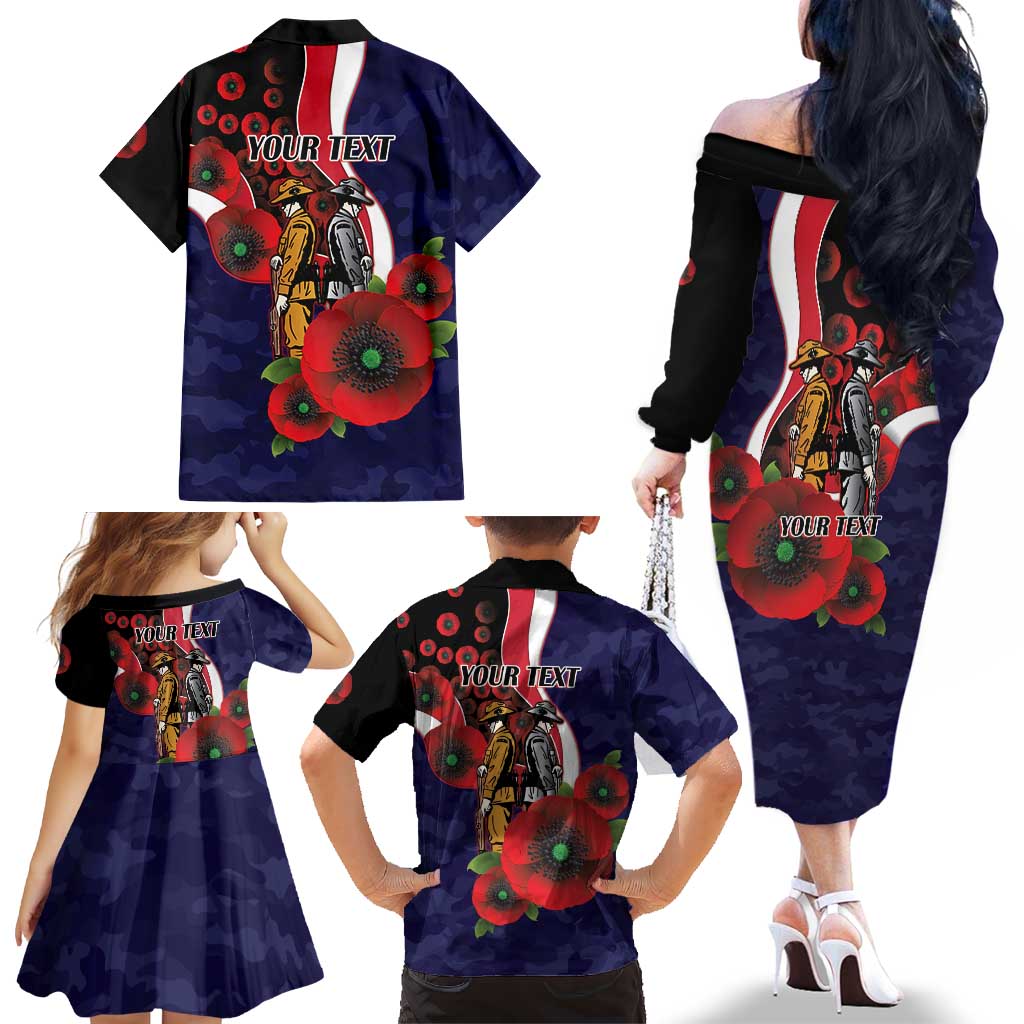 Melbourne Demons ANZAC Personalised Family Matching Off The Shoulder Long Sleeve Dress and Hawaiian Shirt Lest We Forget Poppy Camo