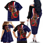 Melbourne Demons ANZAC Personalised Family Matching Off The Shoulder Long Sleeve Dress and Hawaiian Shirt Lest We Forget Poppy Camo