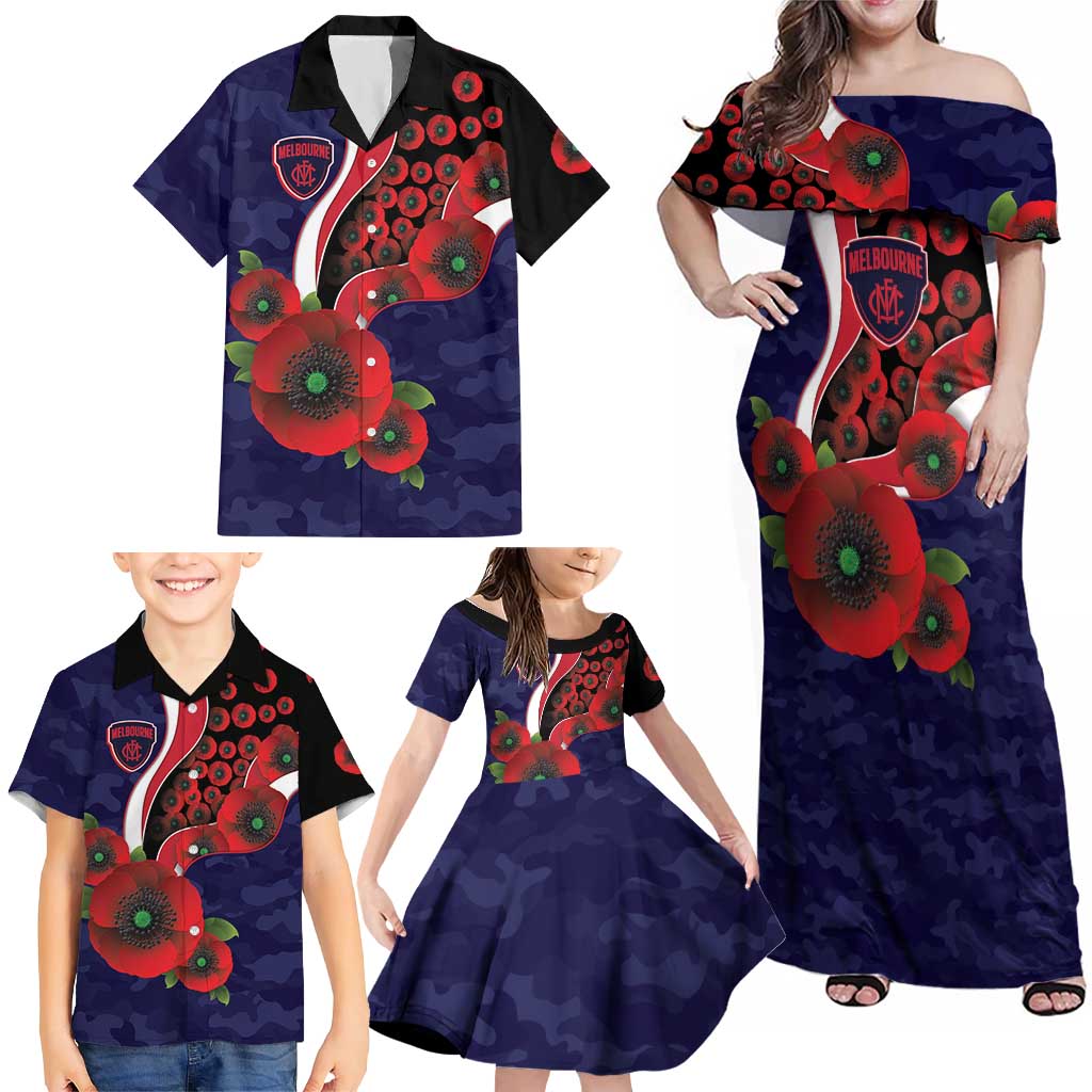 Melbourne Demons ANZAC Personalised Family Matching Off Shoulder Maxi Dress and Hawaiian Shirt Lest We Forget Poppy Camo