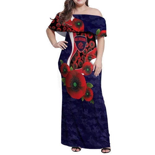 Melbourne Demons ANZAC Personalised Family Matching Off Shoulder Maxi Dress and Hawaiian Shirt Lest We Forget Poppy Camo
